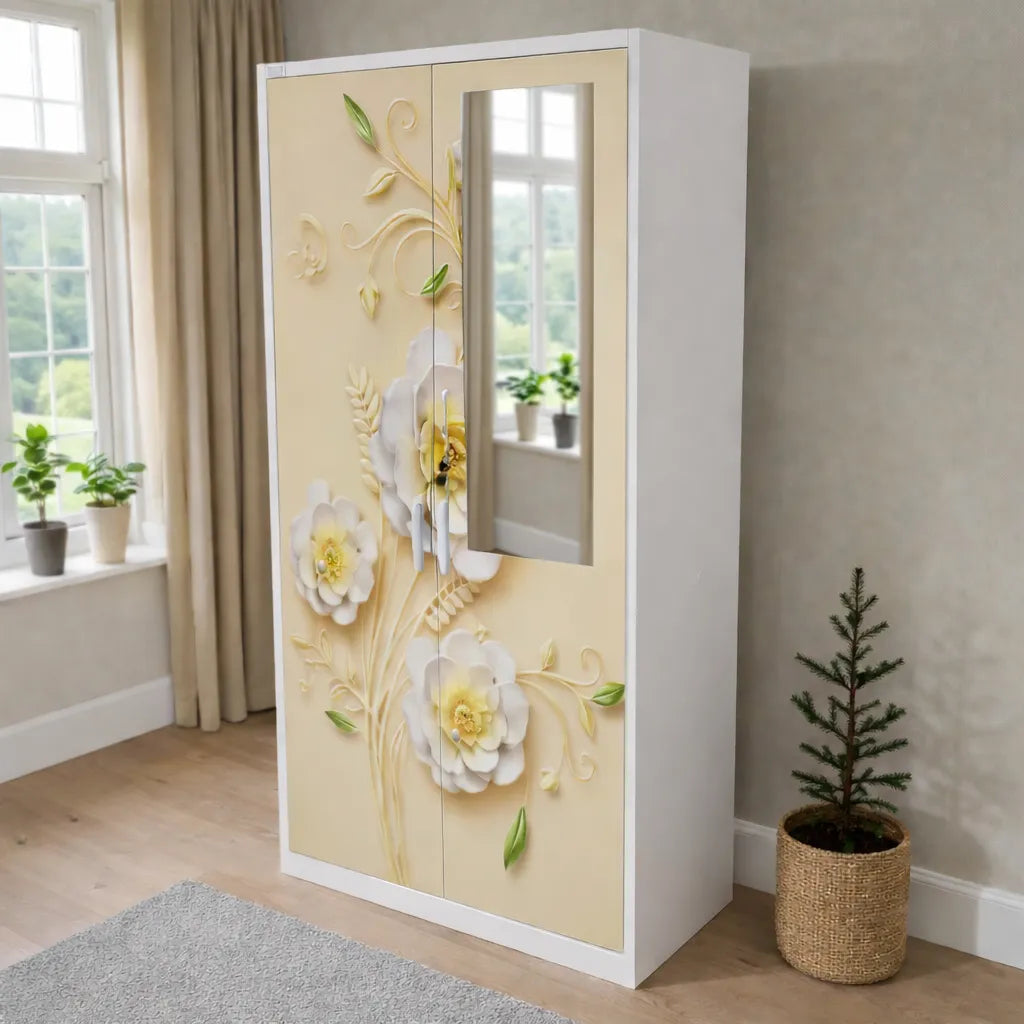 Armario con espejo de 2 puertas Ambienta Home Decor, SKU BP-2502, estructura blanca con diseño floral en relieve tonos beige, crema y verde suave, espejo vertical integrado, medidas 185x90x45 cm, vista frontal en ángulo.