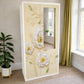 Armario con espejo 2 puertas Ambienta Home Decor BP-2502, vista frontal cerrada, puertas decorativas florales en tonos beige y crema con detalles verdes, espejo funcional, tamaño 185x90x45 cm.