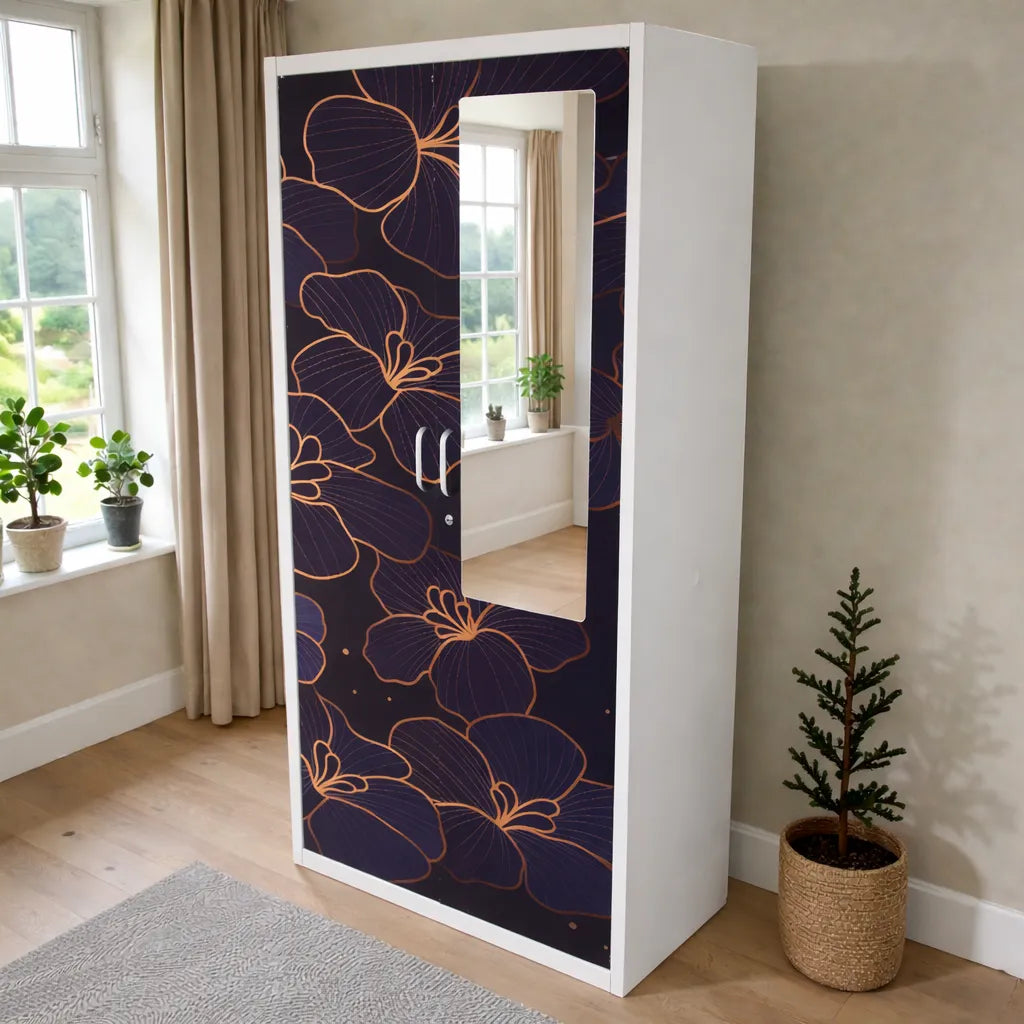 Armario con espejo de 2 puertas Ambienta Home Decor, SKU BP-2504, color blanco con puerta decorativa floral azul marino/negro y líneas doradas, medidas 185x90x45 cm, vista frontal cerrado.