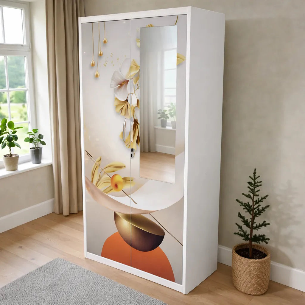 Armario con espejo de 2 puertas Ambienta Home Decor, SKU BP-2505, color blanco con diseño floral artístico en tonos dorado, beige y naranja, espejo vertical integrado, medidas 185x90x45 cm, vista frontal en ángulo.