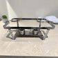 Base de chafing dish de acero inoxidable con estructura cromada, asas laterales y dos quemadores inferiores.