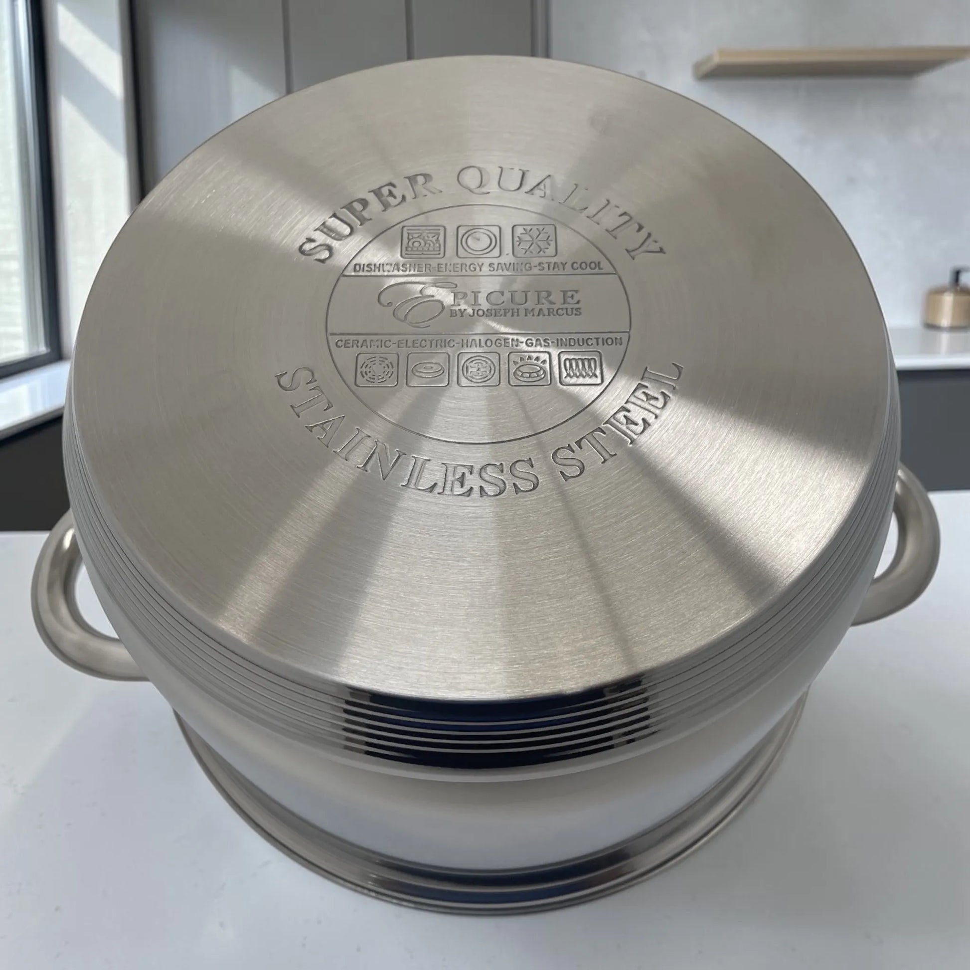 Base de olla Epicure de acero inoxidable 5 litros con sello Super Quality, compatible con inducción, gas, eléctrica, halógena y vitrocerámica.