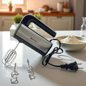 Batidora eléctrica Lotus de 5 velocidades en color negro y plateado, diseño ergonómico, ideal para mezclar masa, huevos y crema