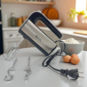 Batidora de mano Lotus Special Edition color negro y plata con 300W de potencia, incluye batidores y ganchos de acero inoxidable para repostería.