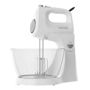 Batidora Black+Decker MX9125 blanca con tazón de vidrio vista frontal