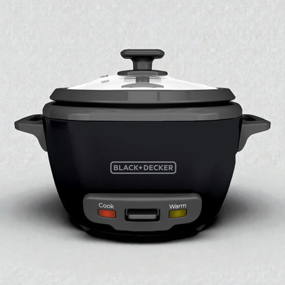 Olla arrocera BLACK+DECKER RC514 14 tazas cocidas, color negro con tapa de vidrio y luces indicadoras Cook y Warm en el panel frontal.