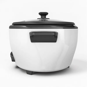 Arrocera Black+Decker RC5200 blanca con tapa negra, vista trasera con asa posterior, fotografía en fondo blanco.