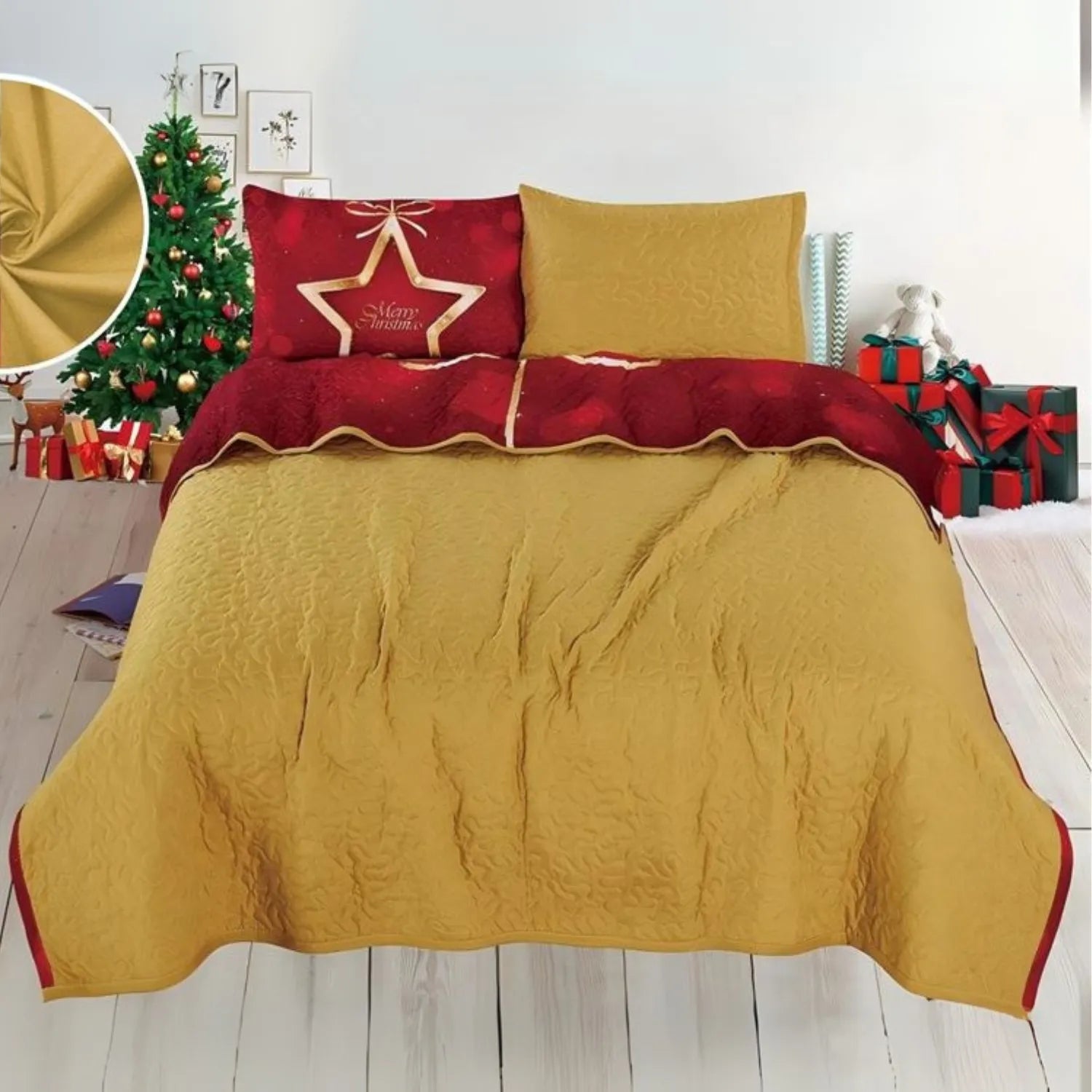 Reverso mostaza liso del cubrecama reversible Bouquetex Coleccion Elfo; frente rojo con estrella dorada y texto; relleno de guata; tallas F/Q 218×224 y King 264×224; 2 fundas.