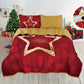 Vista frontal del cubrecama navideno reversible Bouquetex; color rojo con gran estrella dorada central y texto “Merry Christmas”; relleno de guata; disponible en Full/Queen 218×224 y King 264×224; incluye dos fundas.