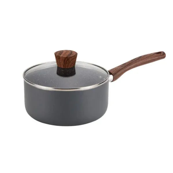 Cacerola Proctor Silex 3QT con tapa de vidrio y mango efecto madera, vista lateral que resalta el diseño moderno y acabado antiadherente.