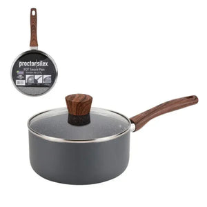 Cacerola Proctor Silex de 2.8 litros con tapa de vidrio, mango símil madera y recubrimiento antiadherente, vista frontal y superior del producto.