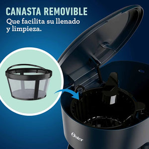 Detalle de canasta removible con filtro permanente de la cafetera Oster BVSTDCS12BN; tapa superior abierta para facilitar llenado y limpieza.