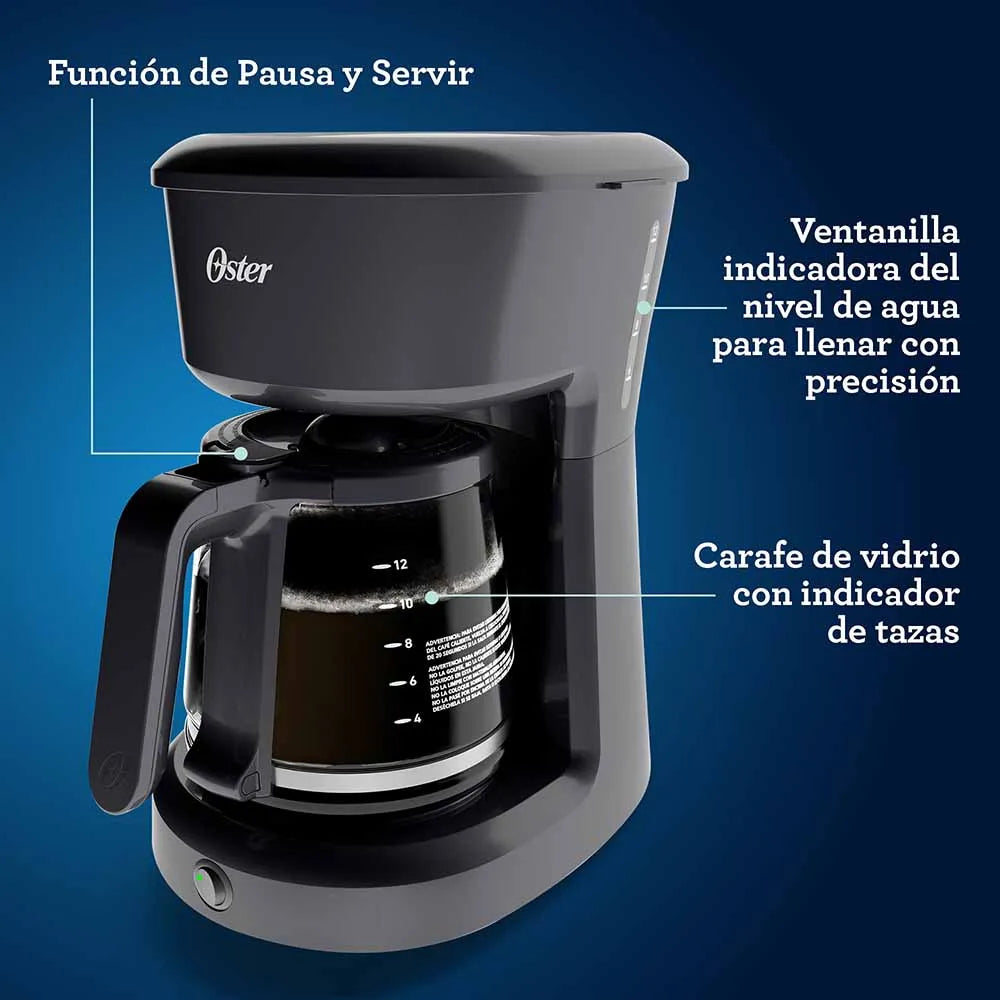 Cafetera Oster BVSTDCS12BN con función Pausa y Servir, ventanilla indicadora del nivel de agua y jarra de vidrio con indicador de tazas.