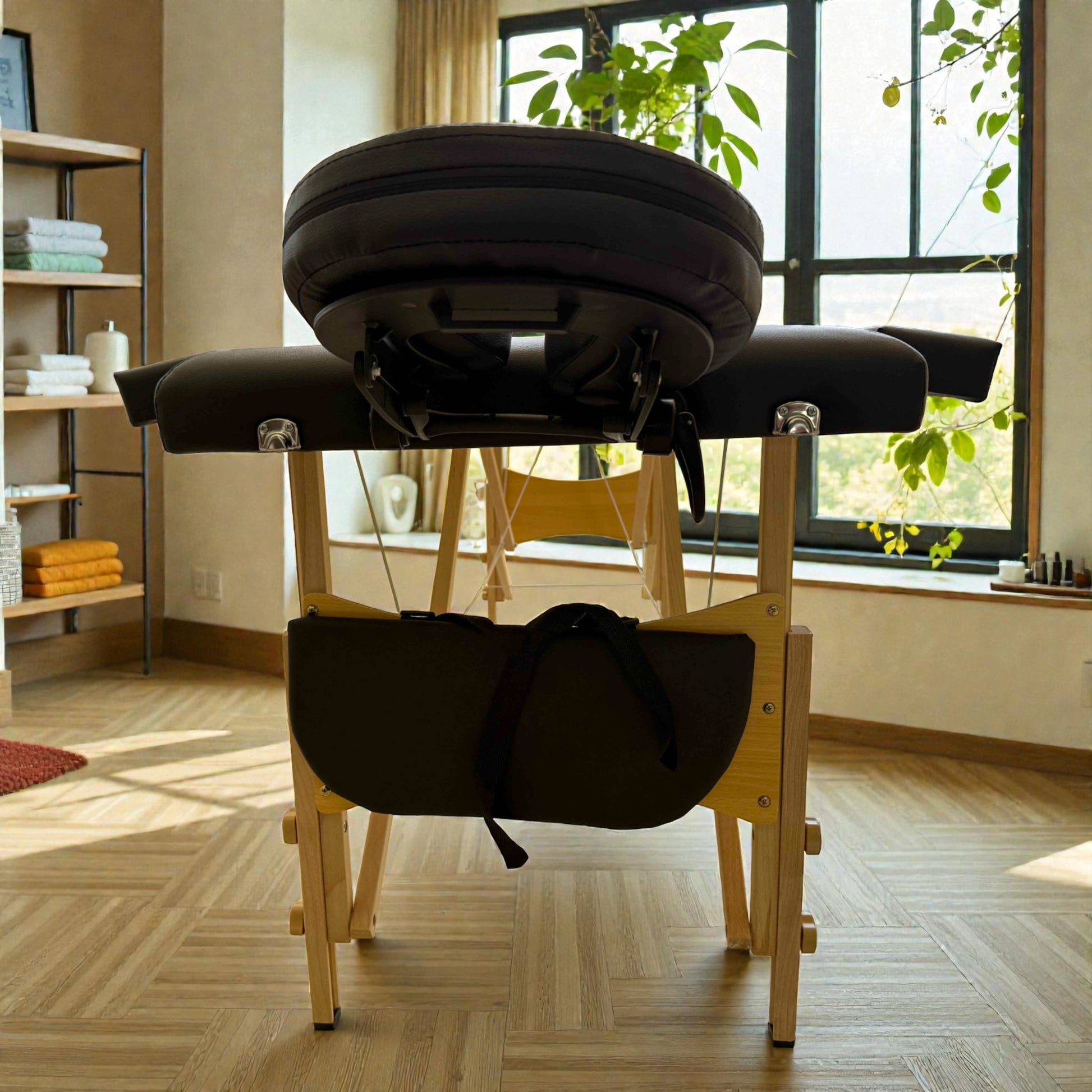 Parte inferior de la cama de masaje Lotus plegable, con estructura de madera reforzada, cables de sujeción y bolsa para guardar accesorios debajo del cabezal.