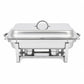 Chafing dish rectangular de acero inoxidable con tapa cerrada y quemadores, vista frontal sobre fondo blanco.