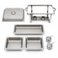 Componentes de chafing dish doble de acero inoxidable: tapa, base, bandeja de agua, bandejas para comida y quemadores.