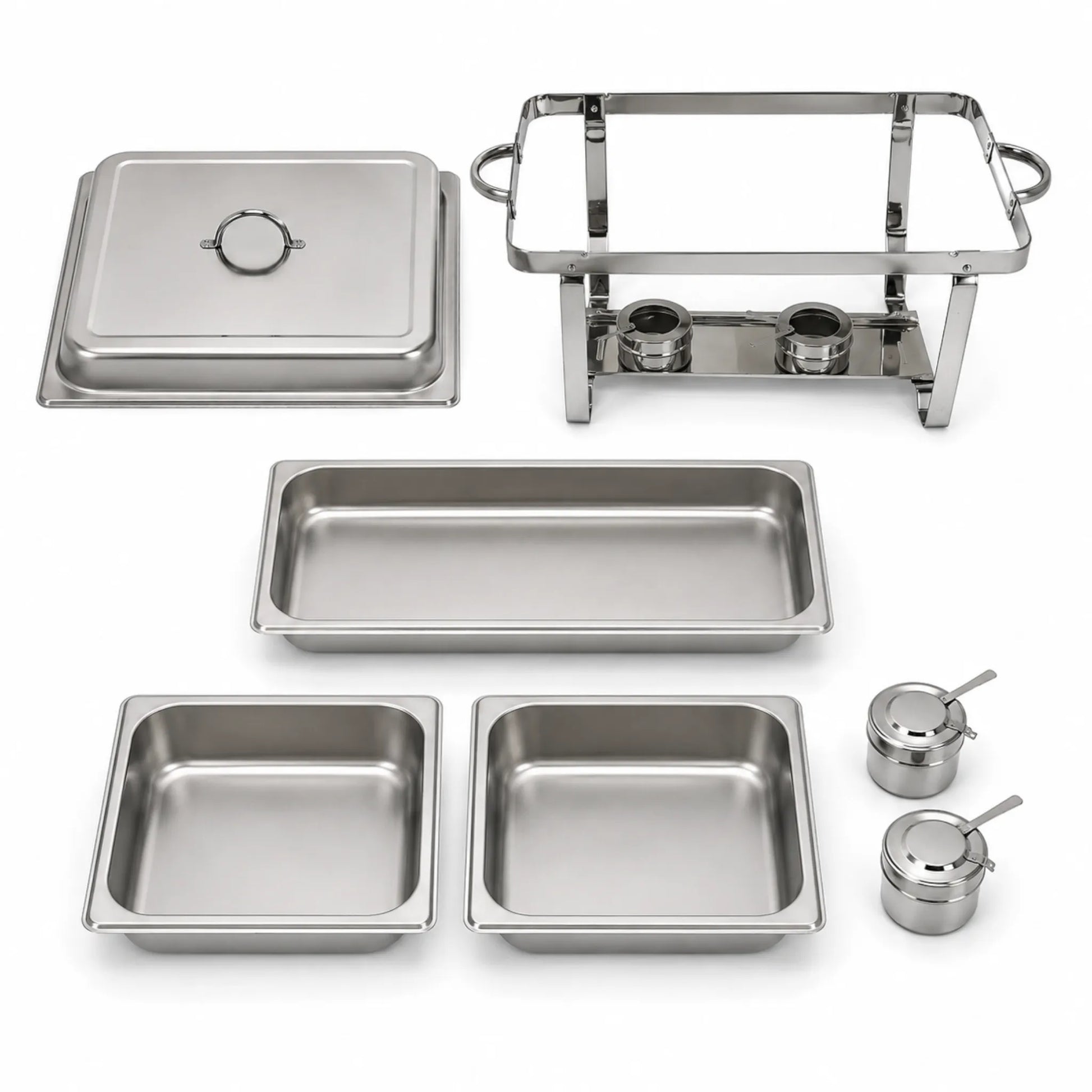 Componentes de chafing dish doble de acero inoxidable: tapa, base, bandeja de agua, bandejas para comida y quemadores.