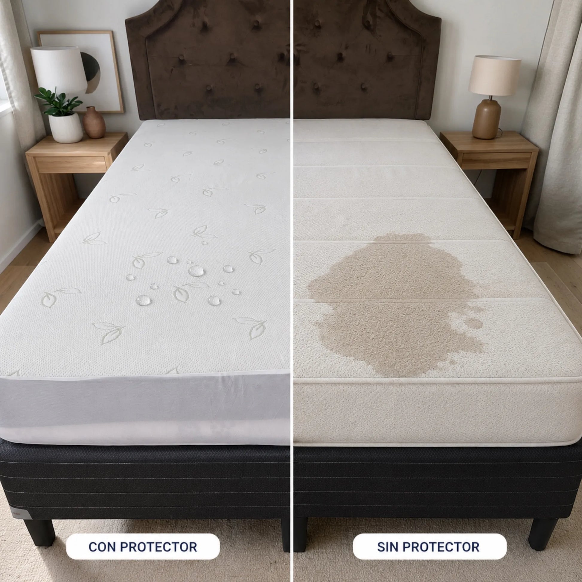 Comparación de una cama con protector de colchón impermeable, donde el líquido permanece en la superficie, frente a un colchón sin protector con una mancha húmeda.
