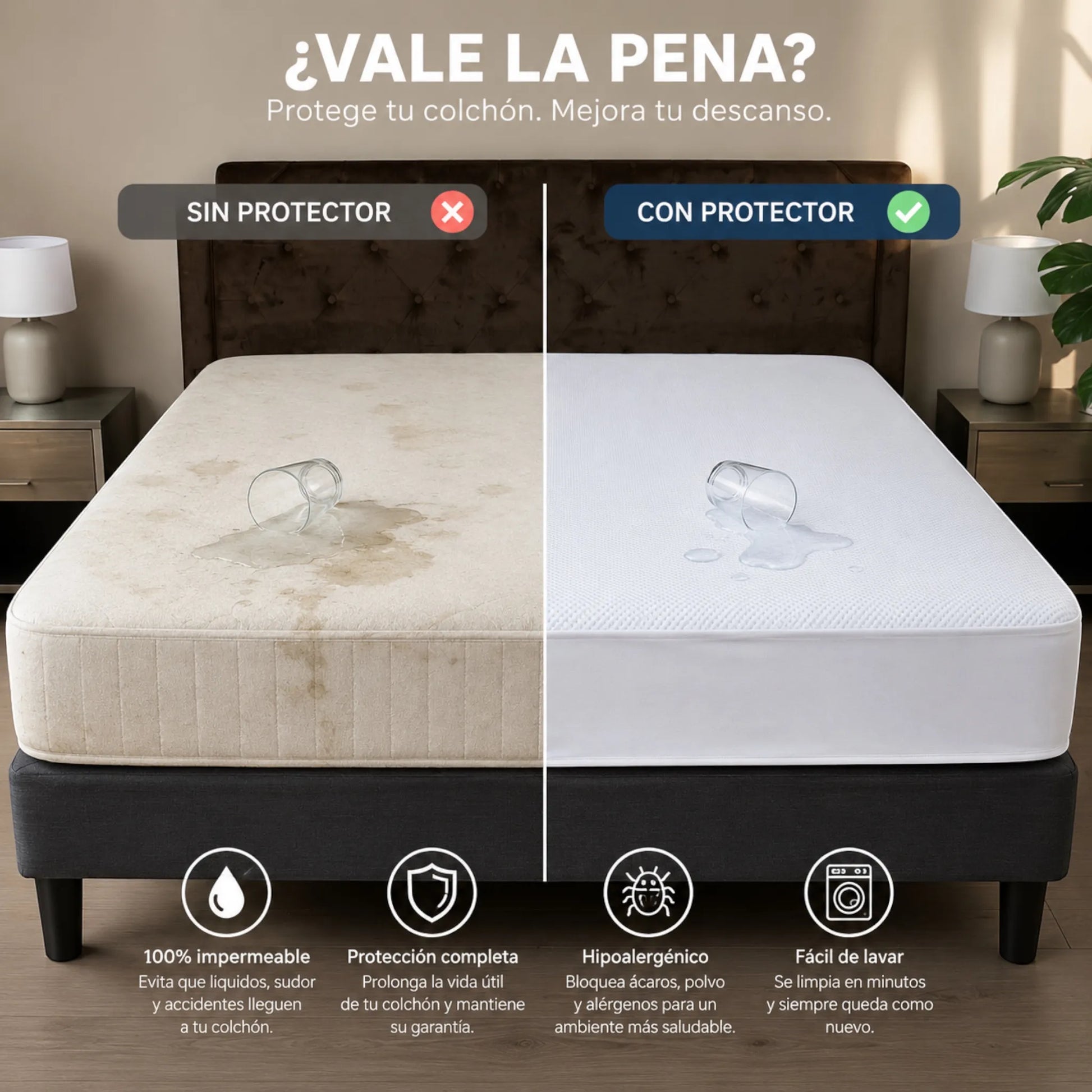 Comparativa entre un colchón sin protector y otro con protector impermeable mostrando la diferencia frente a derrames de líquidos y protección del colchón.