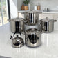 Juego de ollas Crystal Cuisine CC-138 de acero inoxidable de 10 piezas con tetera, vista frontal completa con cuatro ollas de distintos tamanos y tapas metalicas sobre mesa de cocina.