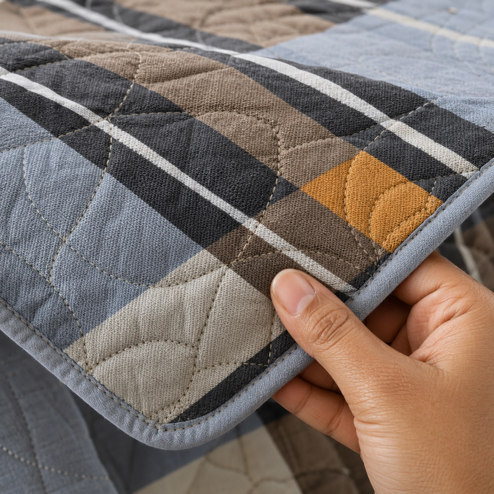 Detalle del tejido acolchado de microfibra con cuadros azul, gris, café, marfil y mostaza.
