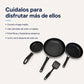 Cuidados del set de sartenes Caracol: cocinar a fuego medio, usar utensilios de nylon o madera, evitar abrasivos y lavar y secar después de cada uso.
