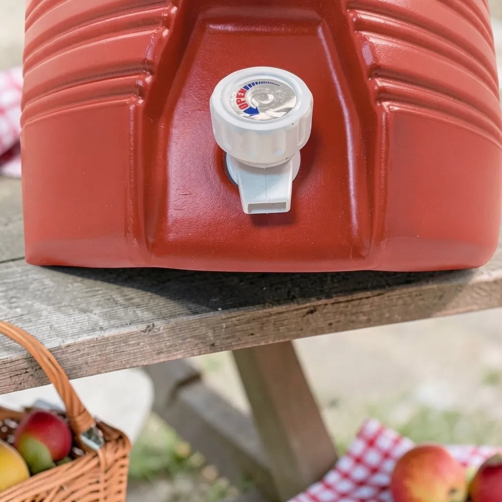 Acercamiento del grifo blanco del dispensador térmico Princeware rojo SKU 3554, ubicado en la parte frontal inferior del producto.