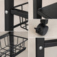 Detalles del organizador de cocina Ambienta Home Decor mostrando estructura metálica negra, acabado texturizado, uniones, canastas metálicas y ruedas con freno.