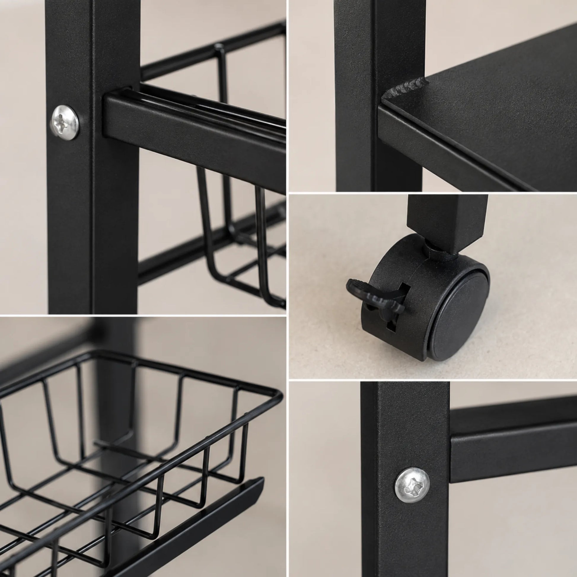 Detalles del organizador de cocina Ambienta Home Decor mostrando estructura metálica negra, acabado texturizado, uniones, canastas metálicas y ruedas con freno.