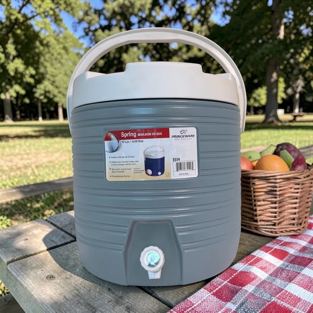 Dispensador térmico Princeware gris de 17 litros SKU 3554 con asa, tapa blanca, grifo frontal y canasta de frutas en ambiente de picnic.