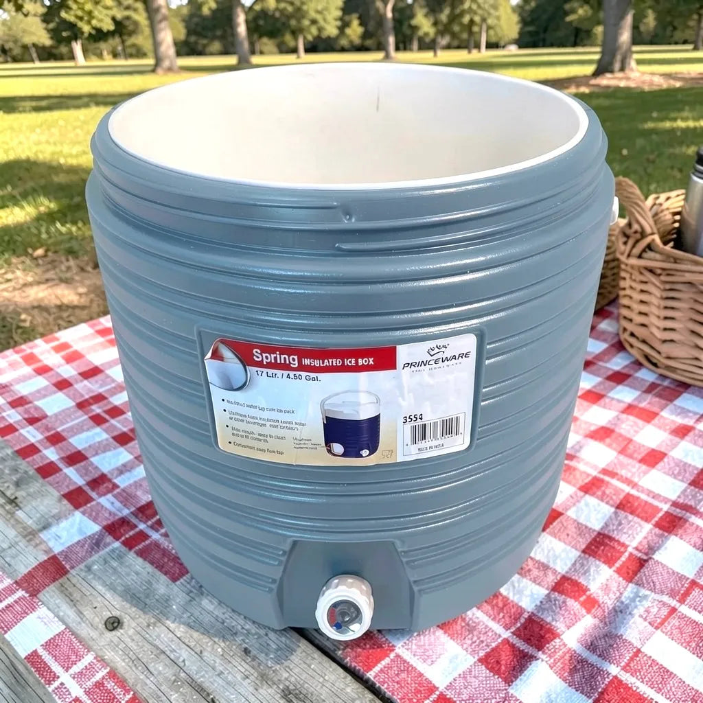 Dispensador térmico Princeware gris de 17 litros SKU 3554 sin tapa, vista frontal con boca ancha, etiqueta de marca y grifo dispensador.