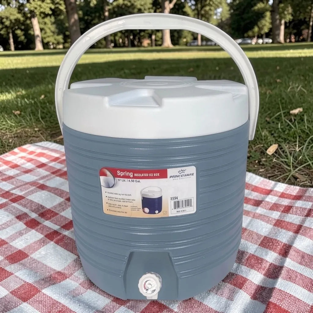 Dispensador térmico Princeware gris de 17 litros SKU 3554 con asa blanca, tapa superior y grifo frontal, colocado sobre mantel de picnic al aire libre.