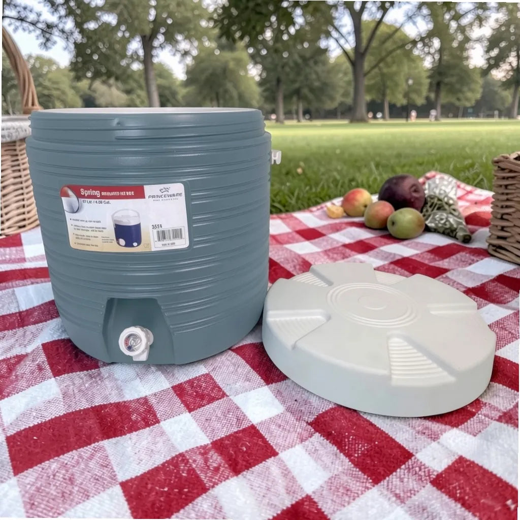Dispensador térmico Princeware gris de 17 litros SKU 3554 con tapa blanca removible al lado, ideal para bebidas frías en picnic o eventos.