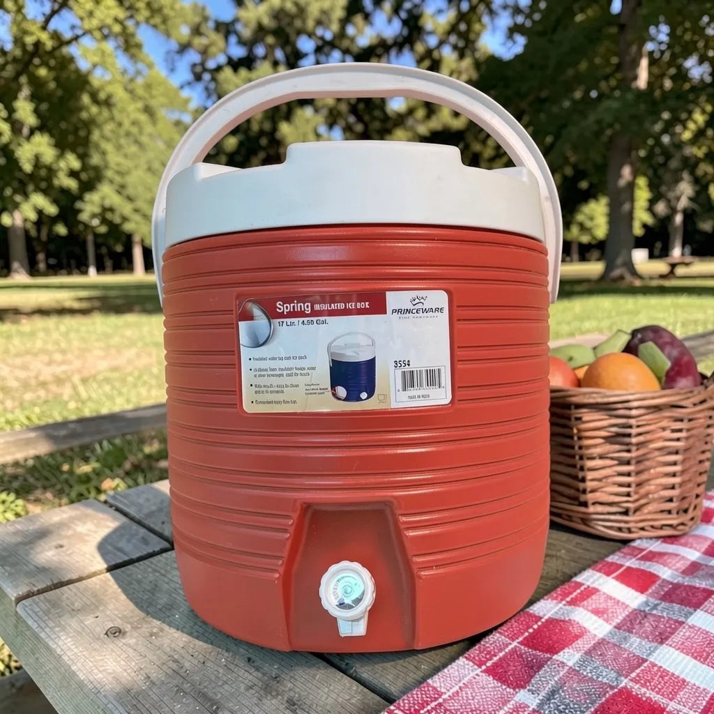 Dispensador térmico Princeware rojo de 17 litros SKU 3554 con asa, tapa blanca, grifo frontal y canasta de frutas en ambiente de picnic.