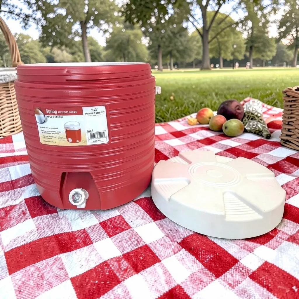 Dispensador térmico Princeware rojo de 17 litros SKU 3554 con tapa blanca removible al lado, ideal para agua fría, bebidas y picnic.