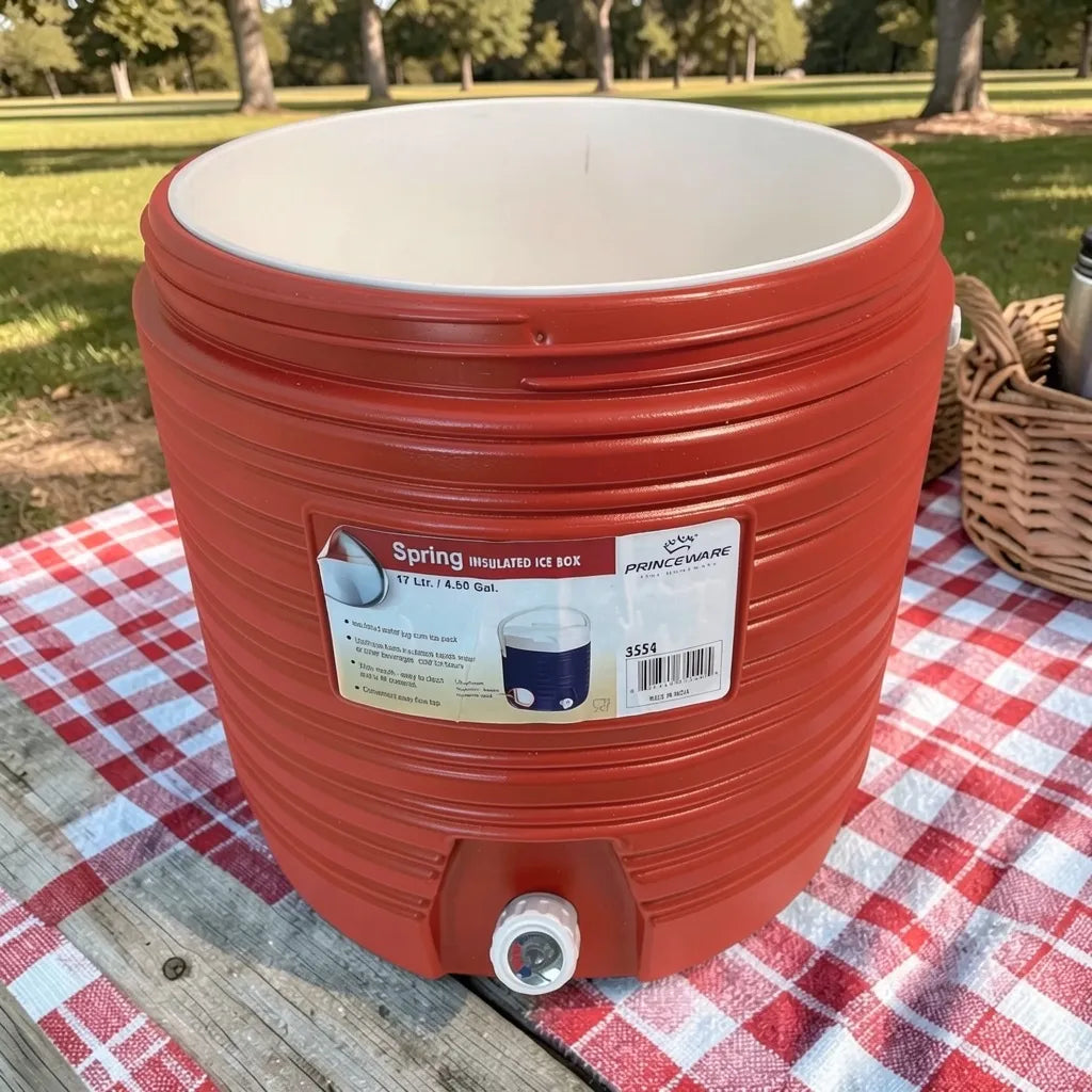 Dispensador térmico Princeware rojo de 17 litros SKU 3554 sin tapa, vista frontal con boca ancha, etiqueta de marca y grifo dispensador.