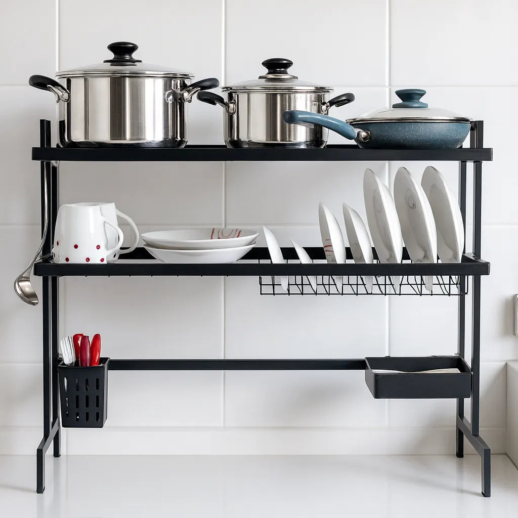 Vista frontal del escurridor de platos MISOL de dos niveles, acero color negro, tamaño 84×30×75 cm; nivel superior con ollas y sartén, nivel inferior con porta platos ondulado, canastilla metálica, porta cubiertos y bandeja lateral, instalado sobre el fregadero en cocina moderna.