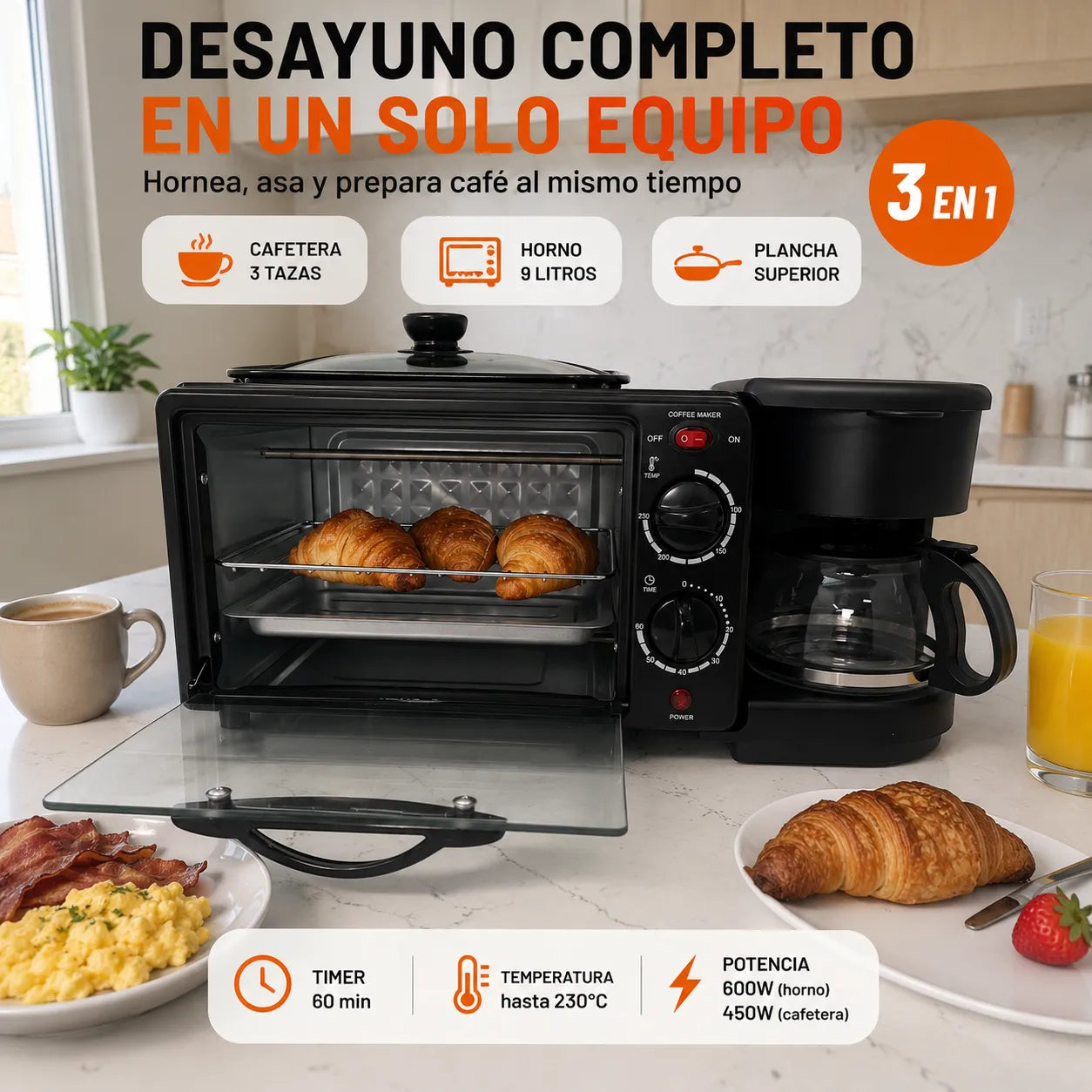 Estación de desayuno 3 en 1 LOTUS LT-2317 color negro con horno de 9 litros, cafetera de 3 tazas y plancha superior en cocina moderna.