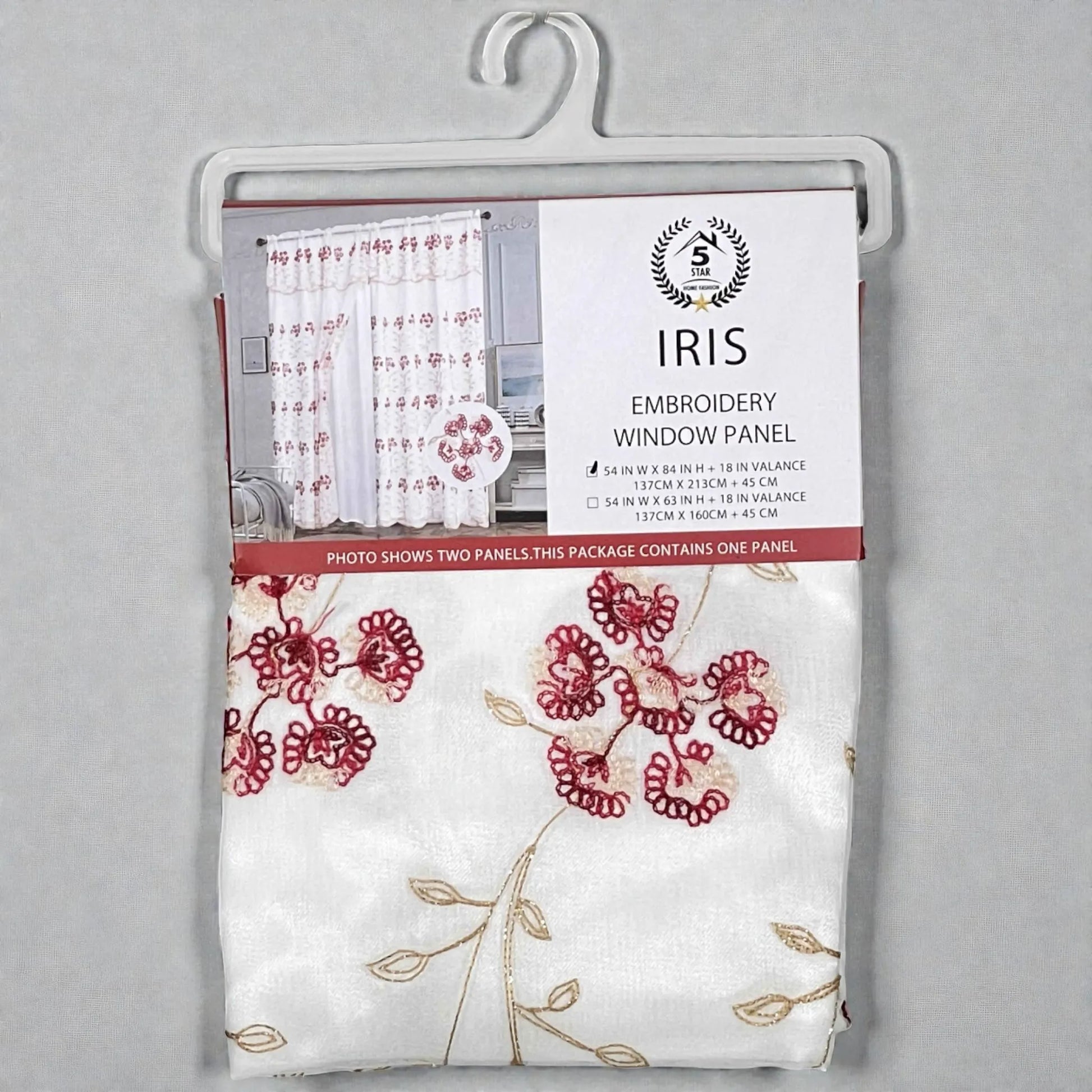 Empaque frontal colgado de la cortina bordada FiveStar Home Fashion IRIS color rojo, 1 panel con cenefa (valance), rod pocket, medida 54x84 pulgadas más 18 pulgadas de cenefa (137x213 cm + 45 cm).