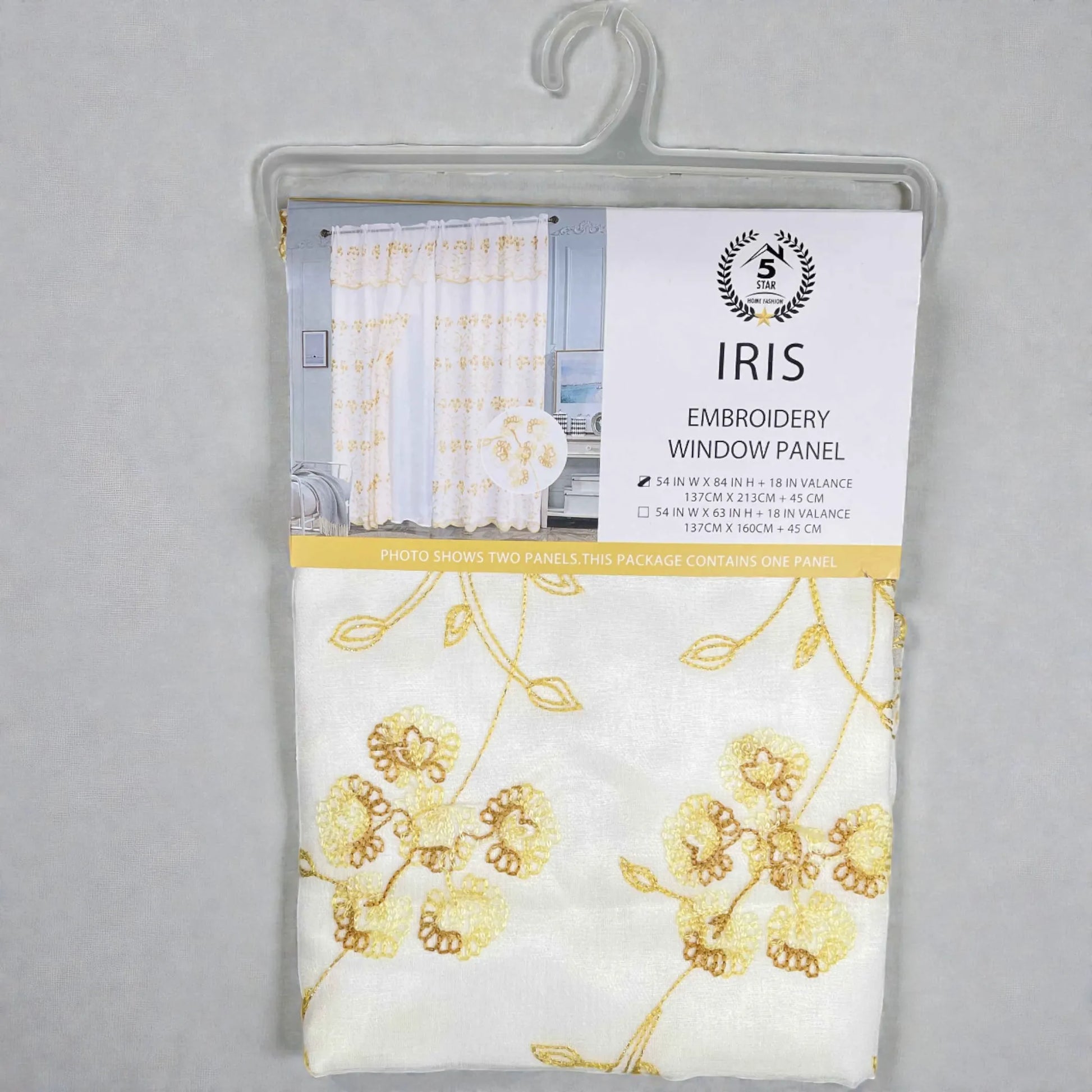 Empaque frontal del set de cortina bordada FiveStar Home Fashion IRIS color amarillo, 1 panel con cenefa, medida 54x84 pulgadas más valance.