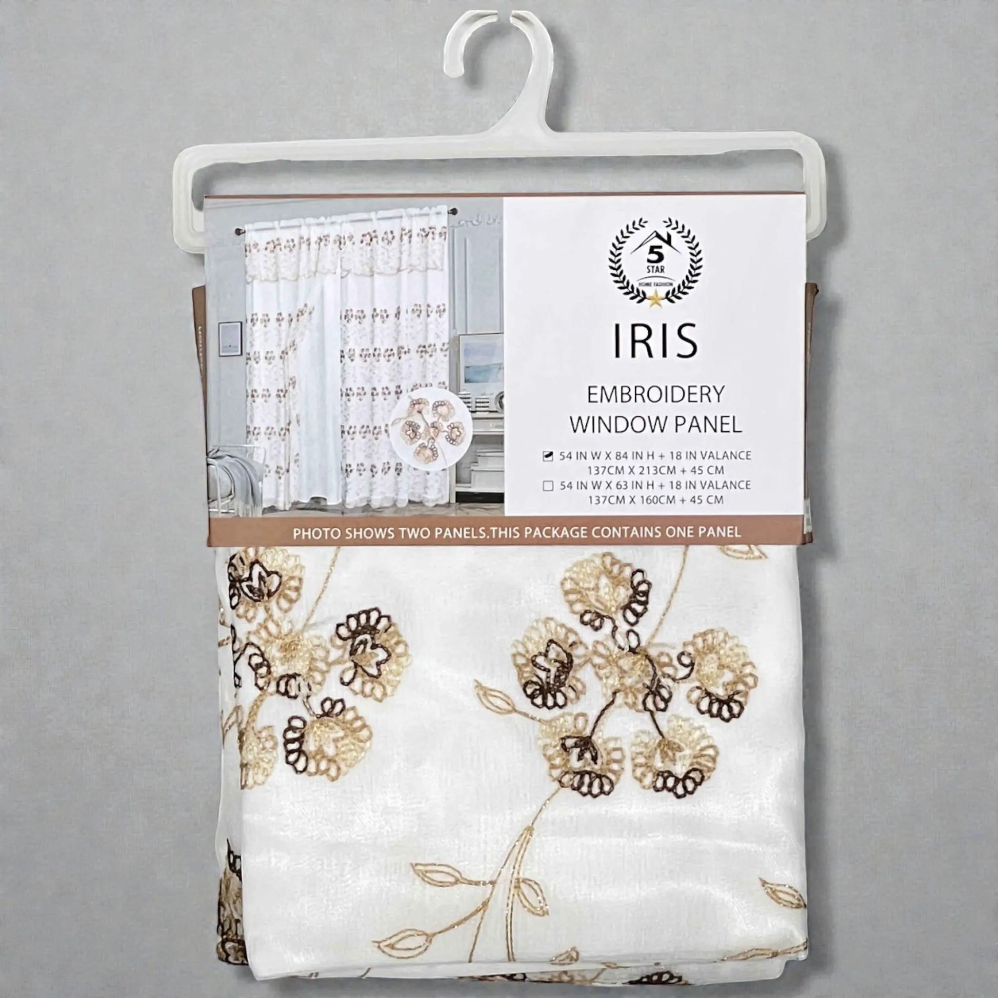 Empaque frontal del set de cortina bordada FiveStar Home Fashion IRIS color gris pardo (taupe), 1 panel con cenefa, medida 54x84 pulgadas más valance.