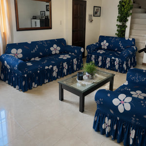 Juego de forros de muebles 3-2-1 Home Care Hawai en azul marino con flores blancas grandes y detalles rosados, para sofá de 3, 2 y 1 asiento.