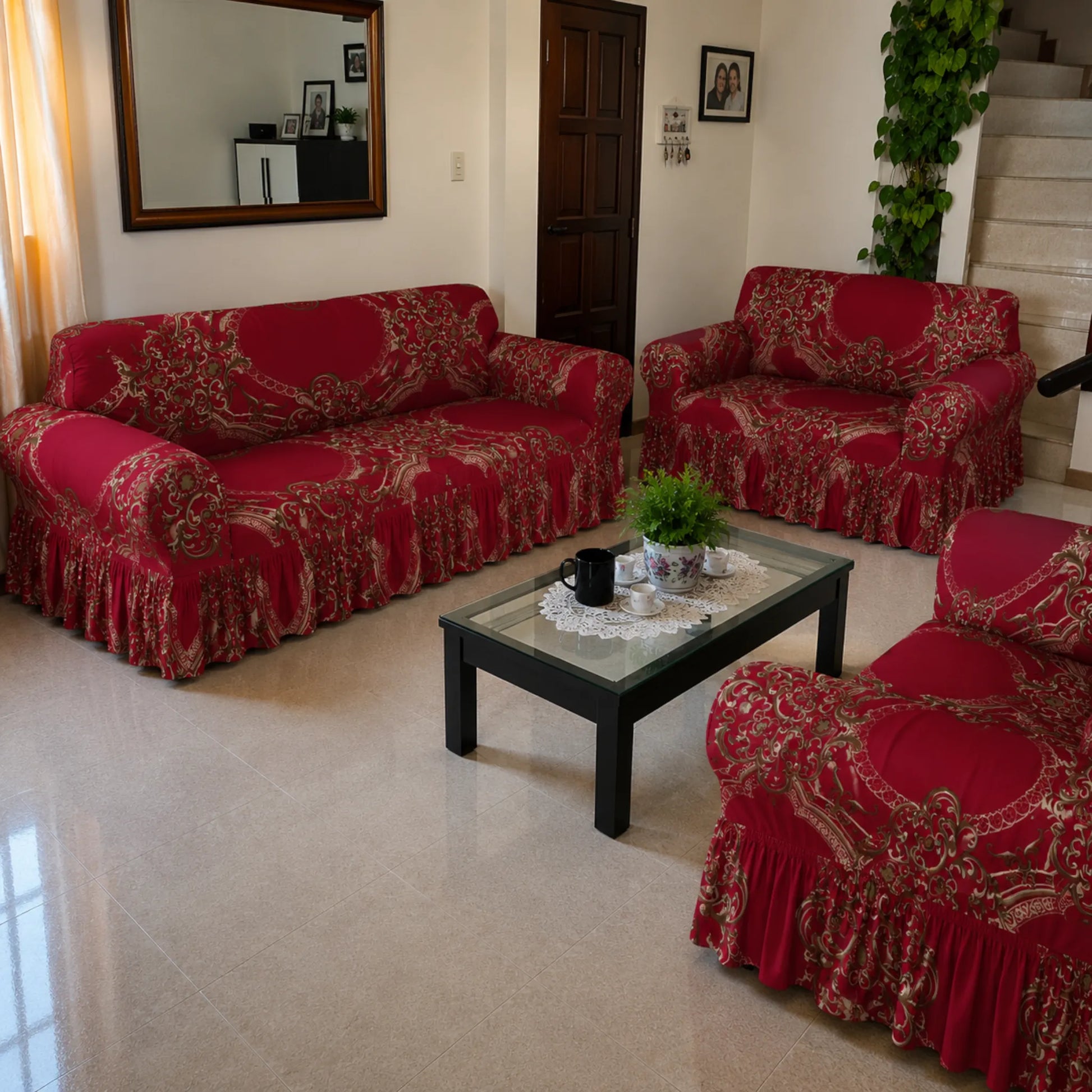 Juego de forros de muebles 3-2-1 Home Care Hawai rojo con diseño barroco dorado, estilo elegante para sala de 3, 2 y 1 asiento.
