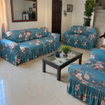 Juego de forros de muebles 3-2-1 Home Care colección Hawai, diseño floral celeste con flores rosadas y blancas, incluye faldón para sala completa.