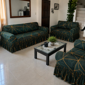 Juego de forros de muebles 3-2-1 Home Care Hawai verde esmeralda con líneas geométricas doradas y faldón, ideal para sala completa.
