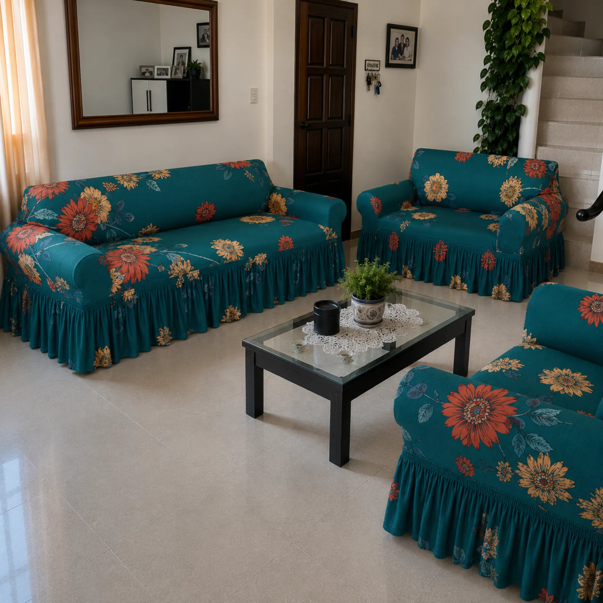 Juego de fundas para sala Home Care Hawaii diseño Flores Turquesa, incluye fundas para sofá de 3, 2 y 1 asiento con flores naranja y amarillas sobre fondo turquesa.