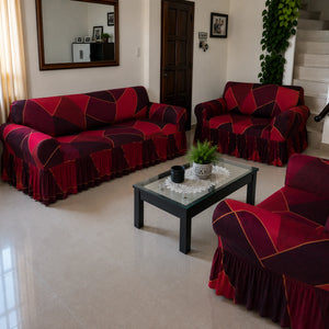 Juego de fundas para sala Home Care Hawaii diseño Geométrico Rubí, incluye fundas para sofá de 3, 2 y 1 asiento en tonos rojo, vino y borgoña con patrón geométrico moderno.