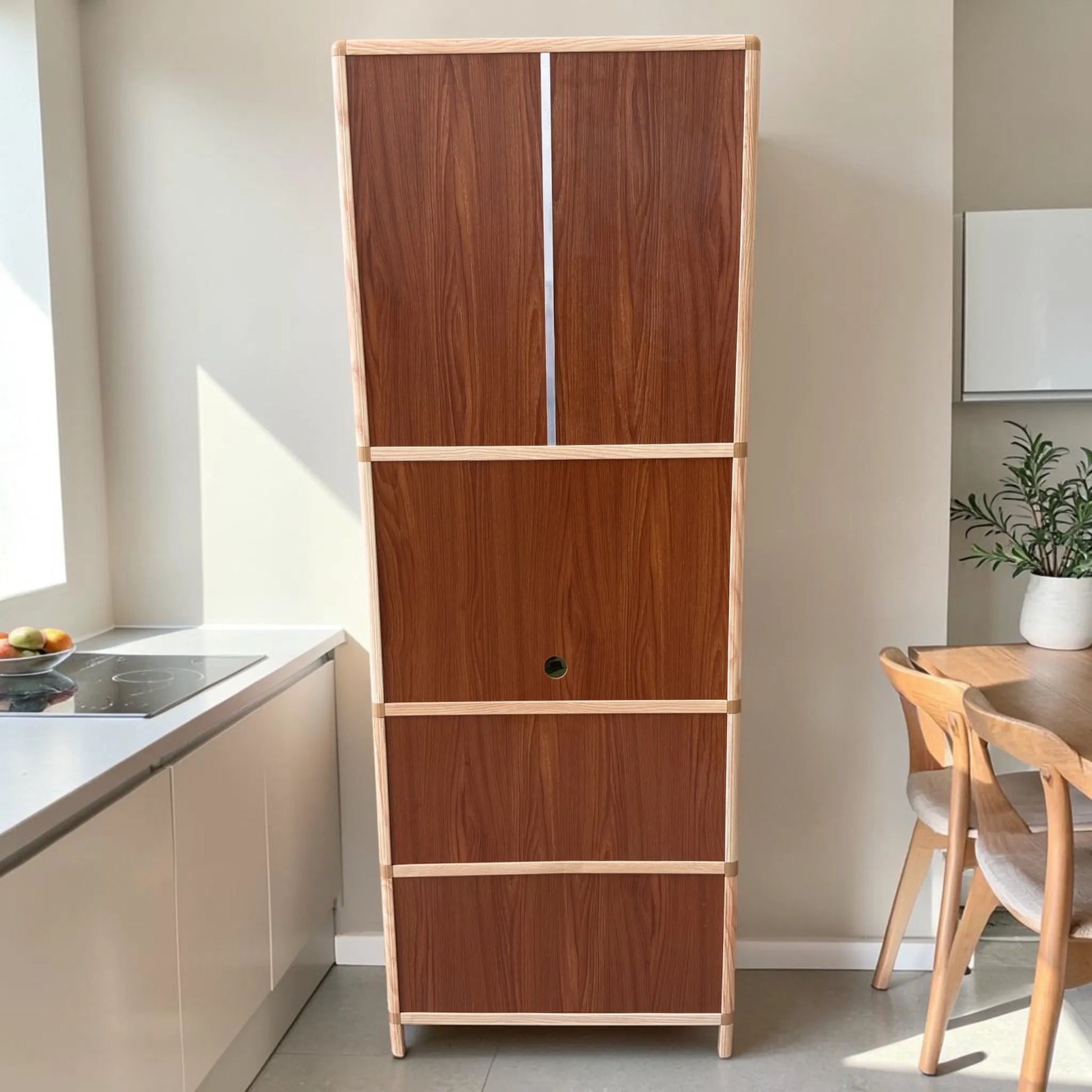 Vista posterior del gabinete de cocina LHC-RAC12-2 de Ambienta Home Decor, con panel trasero en tono café y marco madera natural, incluyendo perforación para paso de cable en la parte central.