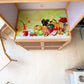 Vista superior de la repisa central del gabinete de cocina LHC-RAC12-2 con superficie decorada de frutas, espacio funcional para electrodomésticos y estructura vertical de cocina.