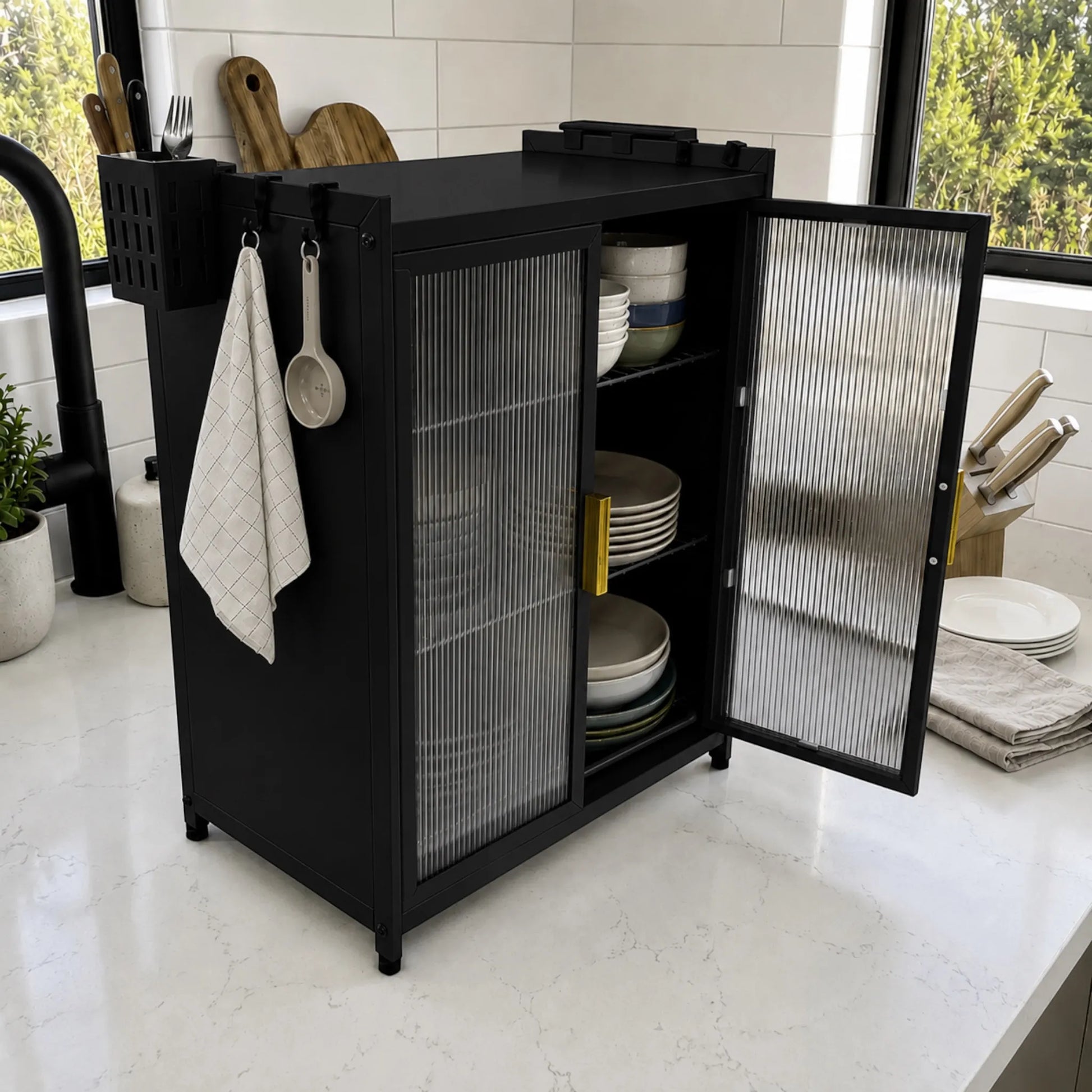 Gabinete organizador de platos KC-801 negro en uso, con puertas abiertas, platos y tazones organizados, porta cubiertos, ganchos para utensilios y accesorios laterales.